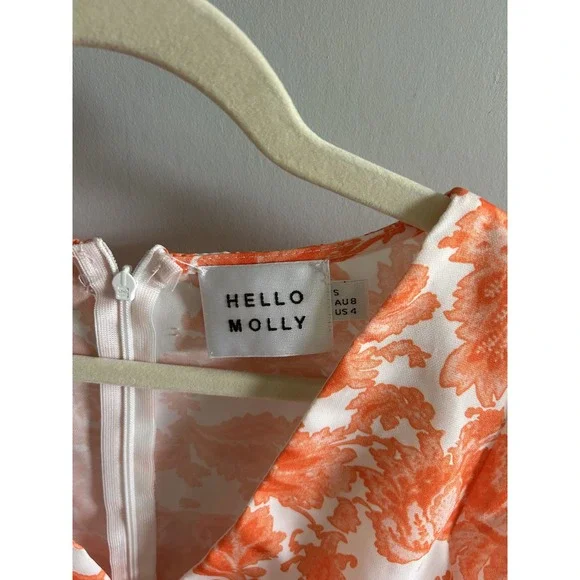 Hello Molly Orange White Floral Mini Dress V-Neck Puff Sleeve Tie Detail Size 4 - Picture 3 of 3